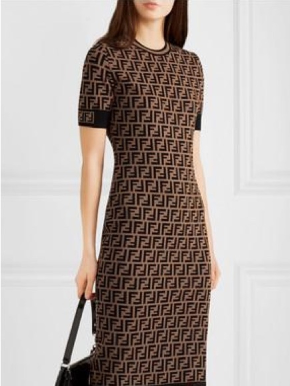 Fendi Brown FF Logo Knit Sheath Dress with Black Trim